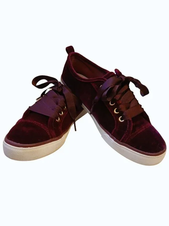 NOT RATED Red/Burgundy Velvet Gold Zipper Satin Lace Sneakers - Picture 12 of 16